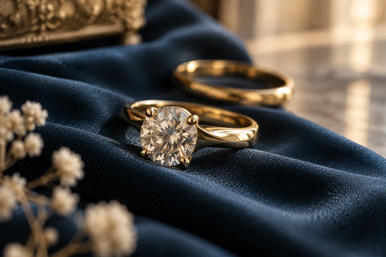 Editorial close-up of gold rings on dark blue fabric