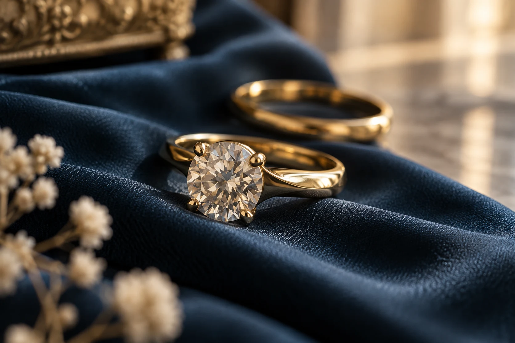 AI-created editorial close-up of a gold ring on blue silk